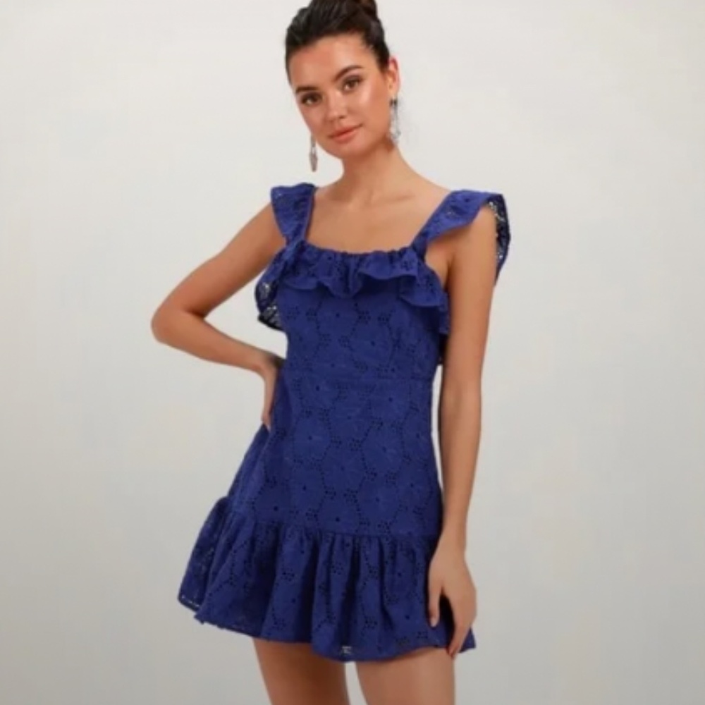 Lulu's Eyelet Mini Dress Blue
